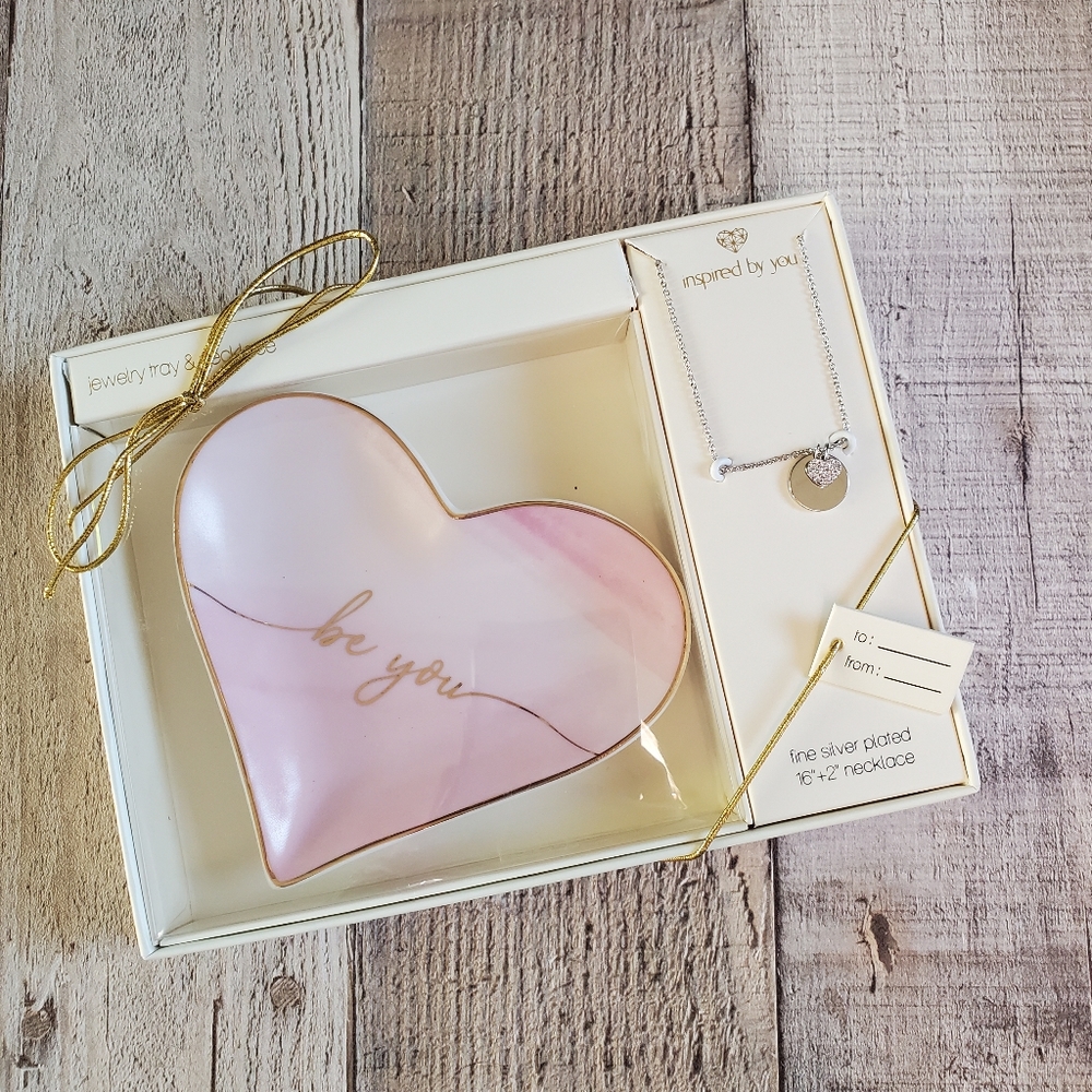 "Be You" 2pc Charm Necklace Heart & Trinket Tray Set